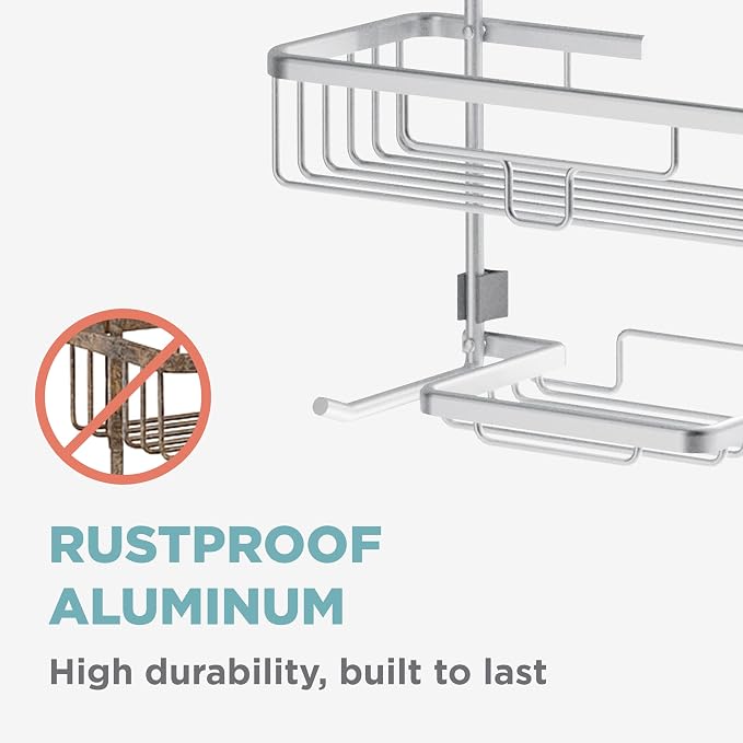 Zenna Home Rustproof Hanging Shower Caddy, Over the Shower Head Caddy with 2 Shelves and Built In Hooks, Aluminum Bathroom Hanging Organizer, Satin Chrome