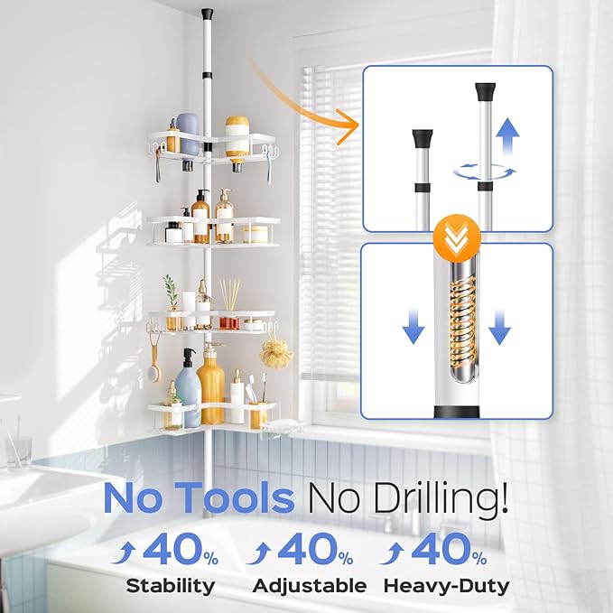 HAMITOR Shower Caddy Tension Pole: 4-Tier Corner Bathroom Organizer Shelf with Soap Holder & Hooks - No-Drill Adjustable Storage Rack for Apartment Renters - 47-123 Inch White