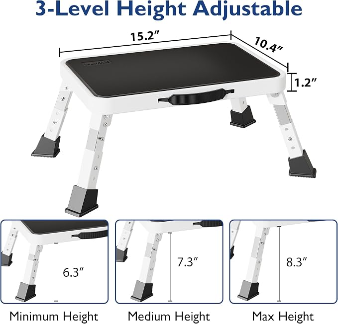 BONTEC Folding Step Stool, 3-Level Adjustable Metal Step Stool with Anti-Slip Pedal and Locking Legs, 330lbs Heavy Duty Folding Foot Stool, Portable Stepping Stool for Kids, Kitchen, Home, Office