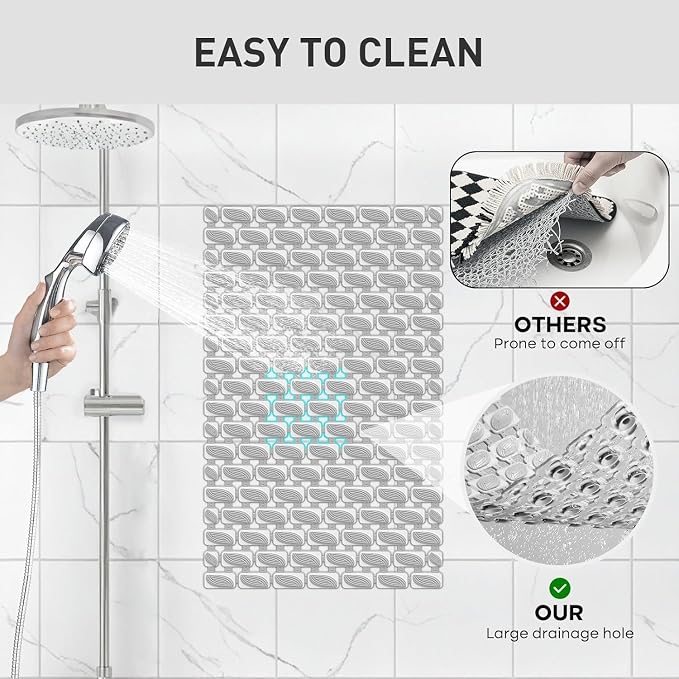 XIYUNTE Shower Mat Non Slip Bathtub Mat - 27 x 16Inches Soft Rubber Bath Mat for Tub Non Slip Bath Mat with Suction Cups and Drain Holes, Easy to Clean, Easy to Cut, Eco-Friendly, Grey