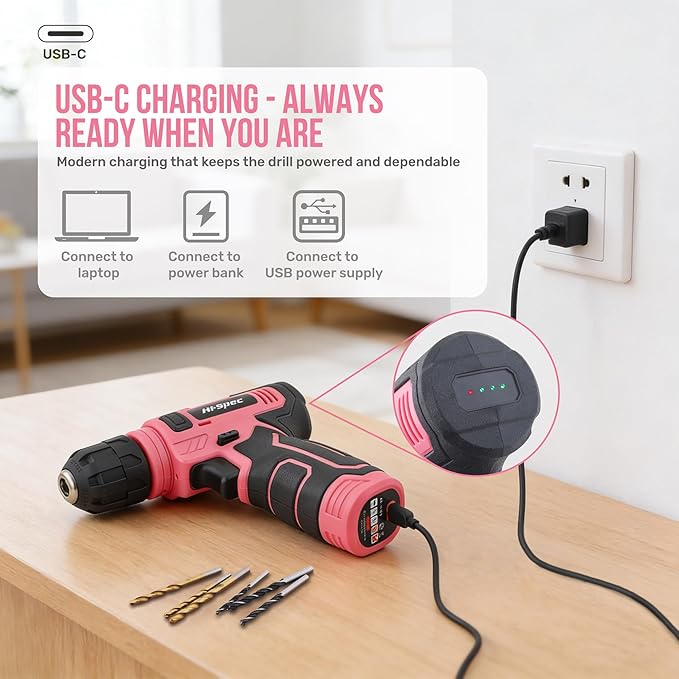Hi-Spec 8V Cordless Drill Set & Tool Kit for Women – Ladies Complete Rechargeable Electric Power Drill Driver with Starter Tools, Compact Hand Toolbox, Pink, Ideal for Home Projects