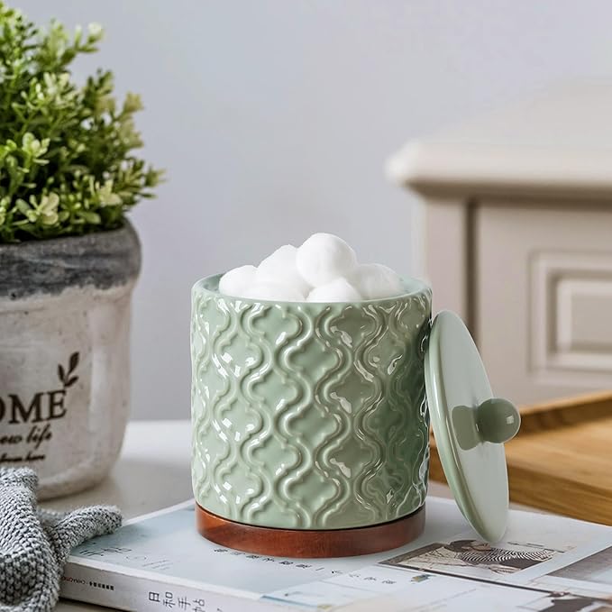RQYIXI Elegant 5 PCS Ceramic&Wood Bathroom Accessories Set:Soap Dispenser,Toothbrush Holder,Tumbler,Soap Dish,Cotton Swab Jar,Easy to Clean,Quatrefoil Pattern,Green-Affordable Home Luxury