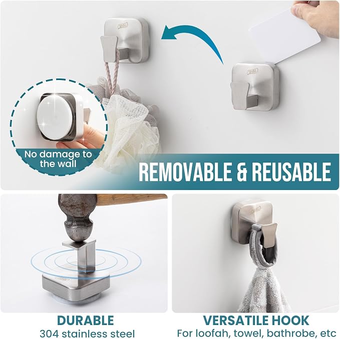 TAILI 304 Stainless Steel Bathroom Suction Hooks for Towel, Bathrobe, Loofah, Patented Strong Suction Cup Holder, No Damage Hanging Glass Shower Wall Hook, Hold Up to 11 Lbs, 2 Pack, Silver