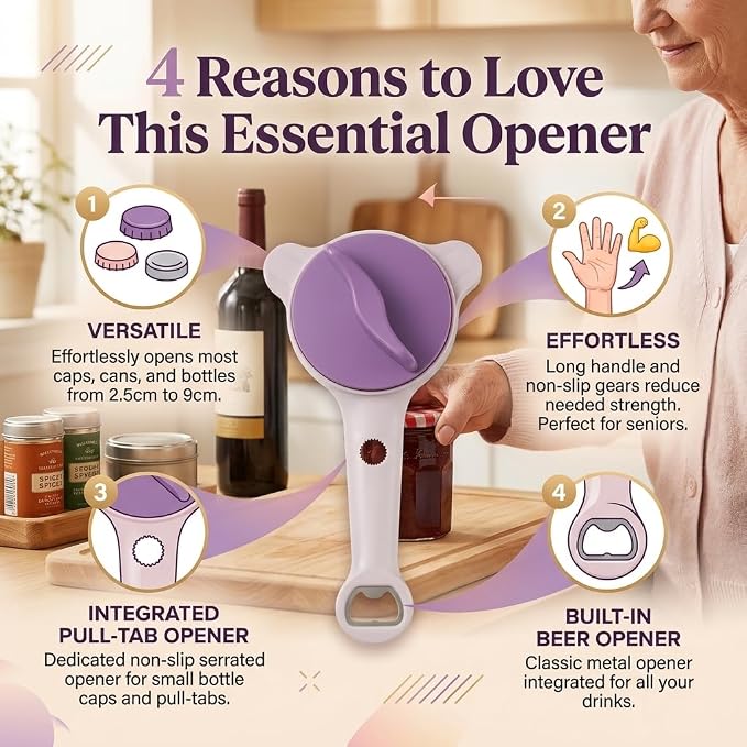 Multi-Function 4 in 1 Jar Opener, Heavy Duty Bottle Opener & Can Lid Remover, Easy to Use Kitchen Tool for Multiple Sizes, Silicone Grip