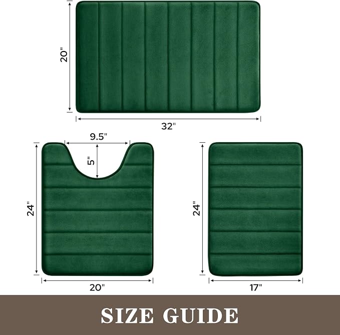 BYSURE Dark Green Memory Foam Bathroom Rug Set 3 Piece, Non Slip Extra Soft Absorbent Machine Washable Toilet Bath Toilet Mat (17"x24"+20"x32"+U Shape 20"x24")