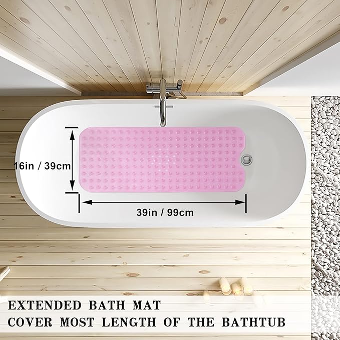 Bathtub and Shower Mats, Extra Long Non-Slip Bath Tub Mat 39 x 16 Inch, Machine Washable Bathmat with Suction Cups & Drain Holes for Bathroom Floor, Clear Pink