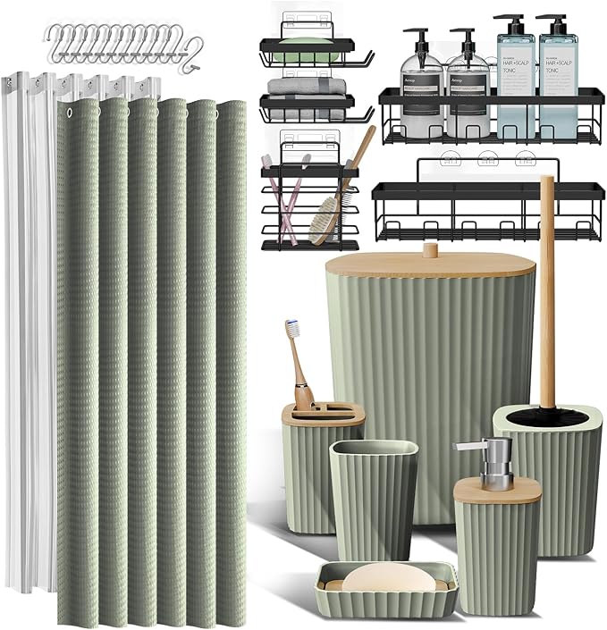 Clara Clark Bathroom Accessories Set - Bathroom Set with Adhesive Corner Shower Caddy Hanging, 25PC Bathroom Accessory Set, Sage Green Shower Curtain Set, Toilet Brush, Trash Can & Soap Dispenser