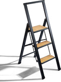 Step Ladder 3 Step Folding, Decorative - Beautiful Bamboo & Black Aluminum, Ultra Slim Profile, Anti Slip Steps, Sturdy-Portable for Home, Office, Kitchen, Photography Use,By SORFEY