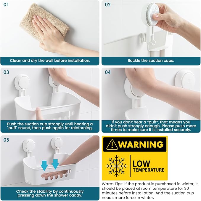 TAILI Shower Caddy Suction Cup 2 Pack, Heavy Duty Bathroom Organizer, Removable Shelves for Inside Shower, Shampoo, Waterproof Suction Plastic Storage for Bathroom Accessories Holder, White