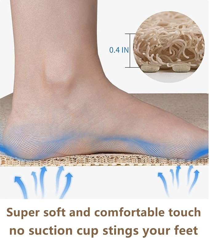 Anti Slip Shower Mat, Soft Textured Bath Mat, Easy Drain Non Slip Comfort Bathtub Mats, Quick Drying PVC Loofah Bathroom Mats, Phthalate Free (15.5" × 23.5", Beige)