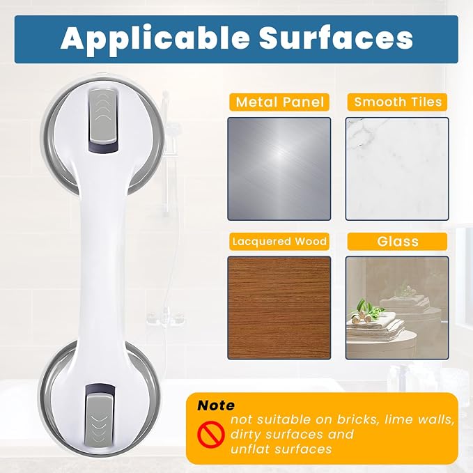 12-Inch Suction Grab Bars for Bathtubs and Showers - 2 Pack Heavy-Duty Bathroom Safety Handles for Seniors and Shower Chairs (Gray/White) Grab Bars can be attached to Tiles, Glass & Hard Plastic ONLY.