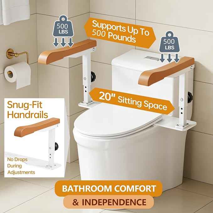 Simple Project 15.7" Toilet Safety Rails for Seniors, Flipped 90°＆Adjust Heigh Toilet Seat Handle, Super Sturdy 500LBS Toilet Safety Frame for Disabled or Mobility Issues, Grab Bars Arms(Brown)