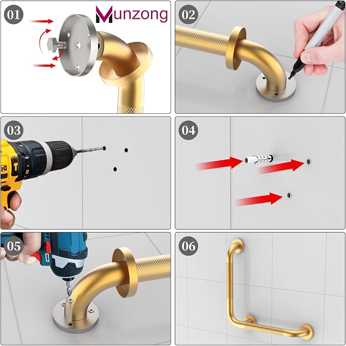 16" Angled Gold Bathroom Grab Bars for Shower with 20" Straight Munzong Toilet Handicap Grab Rail,Anti Slip Stainless Steel Knurled Safety Handle Support Elderly Injury Senior