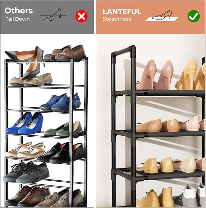 LANTEFUL 5 Tiers Shoe Rack 12-15 Pairs Boots Organizer Storage Sturdy Narrow Shoe Shelf for Entryway, Closets with Hooks, Black
