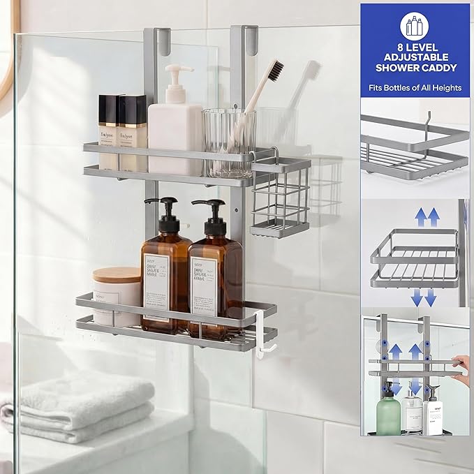 Over the Door Shower Caddy Hanging, Rustproof Shower Shelves with Waterproof Phone Pouch, 2-Tier Adjustable Bathroom Organizers and Storage, No Drilling Shampoo Soap Shelf (Silver 2-Tier)