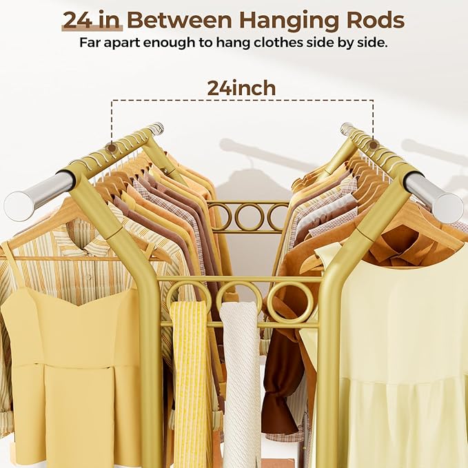 HYSEYY Heavy Duty Clothes Rack, Rolling Clothing Racks With Shelves Load 620 LBS, Double Rod Clothing Racks for Hanging Clothes, Portable& Adjustable Clothes Rack with Wheels Garment Rack,Gold