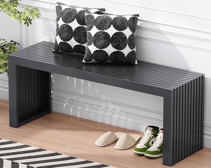 Bamboo Dining Bench, 35-inch Sleek Design Entryway Shoe Rack Bench, Indoor Kitchen Table Bench, Waterproof Outdoor Bench, Black