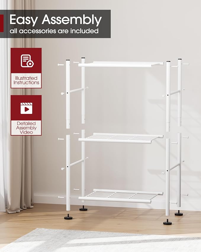 Sakugi Storage Shelves - 3 Tier Shelf Organizer, Sturdy Metal Garage Shelving with Adjustable Leveling Feet, Space-Saving Shelves Organizer for Pantry, Laundry, Kitchen (18" x 12" x 30", White)