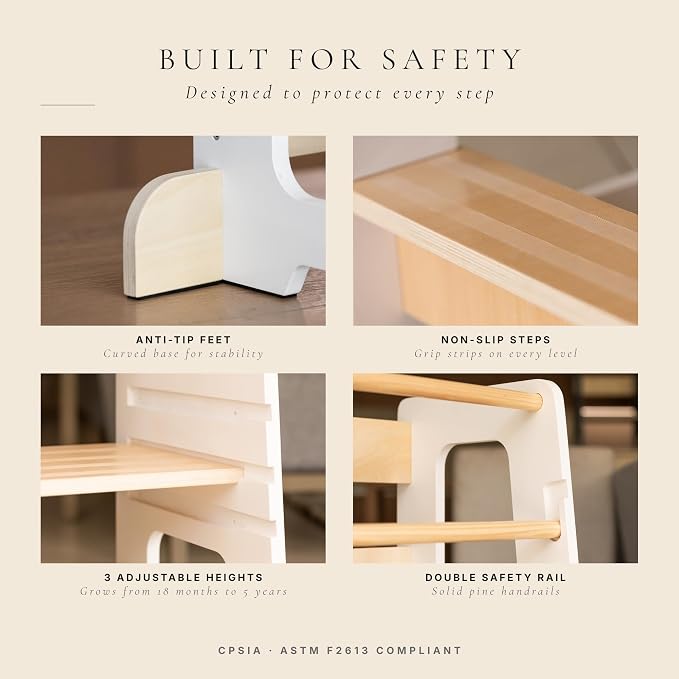Toddler Tower for Kids, Adjustable Wooden Standing Tower & Kitchen Step Stool, Anti-Tip Montessori Tower with Removable Safety Rails & Non-Slip Steps - Sustainable Reclaimed Wood (White)
