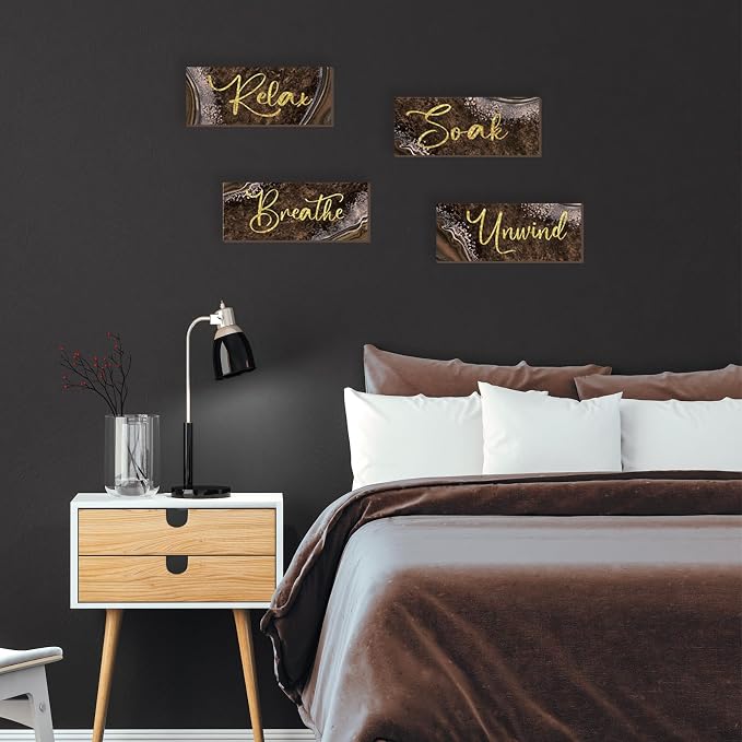 ONIZHITY 4 Pcs Brown Gold Bathroom Decor Brown Gold Wall Decor Relax Soak Unwind Breathe Wooden Rustic Marble Style Bathroom Accessories for Bedroom Living Room Office Kitchen(10X4)