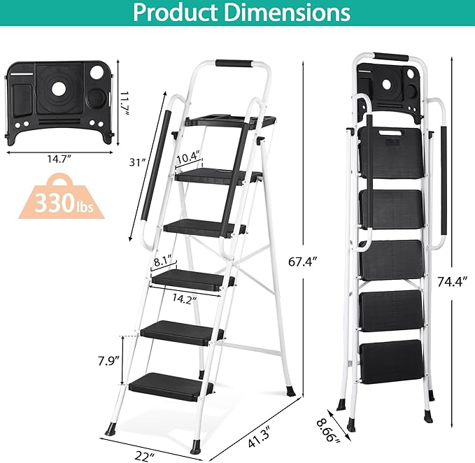 ZENY 5 Step Ladder, Step Stool Foldable with Anti-Slip Pedal & Comfortable Handrail, Sturdy Steel Ladder, Protable Heavy Duty Step Stool for Kitchen, Garage & Outdoor Use (White)