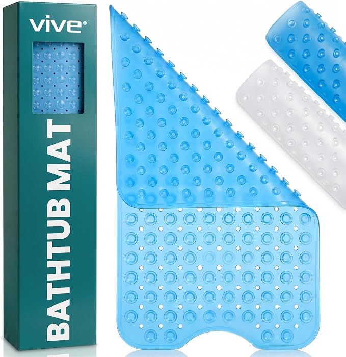 Vive Bathtub Mat for Bath & Shower Floors - Anti Non Slip Suction Rubber Skid Pad for Tub, Bathroom, Elderly, Kids - Eco-Friendly, Resistant Strong, Textured Rectangle Grip - Machine Washable (Blue)