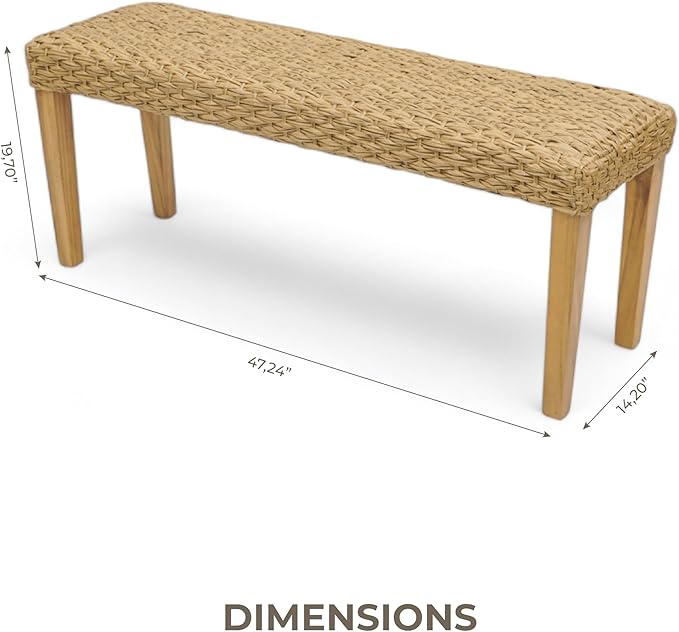 Outdoor Backless Bench, All-Weather Wicker & Solid Acacia Wood, Premium Garden Bench with Woven Rattan Seat and Thick Outdoor Cushion for Patio, Porch, Living Room or Entryway (Natural, PE Wicker)