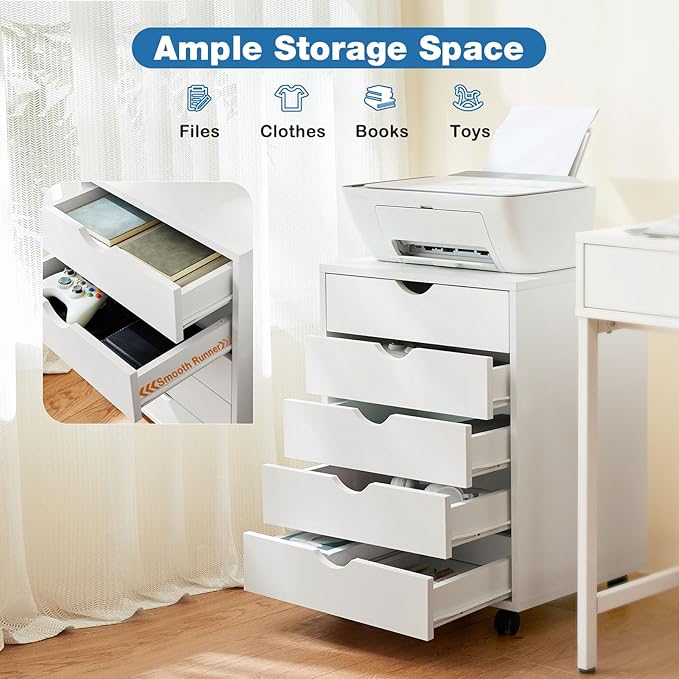 OLIXIS 5 Drawer Mobile File Cabinet Under Desk Storage Organization with Wheels Vertical Filing Chest Rolling Wood Small Desk Printer Stand for Home Office, 15.75"D x 18.74"W x 25.39"H, White