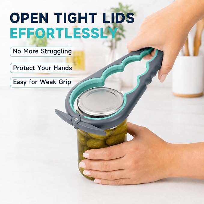 KORCCI Jar Opener 3 Pack Set for Weak Hands, 5-in-1 Lid and Bottle Opener with 4-in-1 Can Opener & Non-Slip Rubber Gripper Pad, Easy Grip Kitchen Tool for Stubborn Jars and Bottles