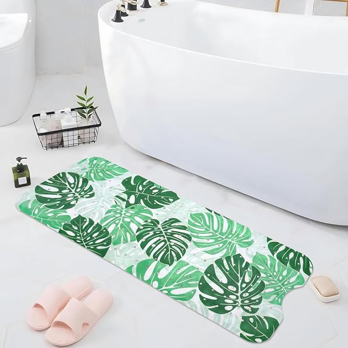 Tropical Leaves Bathtub Mat Non Slip, Boho Bath Tub Mat Baby Bath Mats for Bathroom Anti Slip Shower Mats for Inside Shower, Green Plants Bathmat with Suction and Drain Holes Machine Washable, 40″x16″