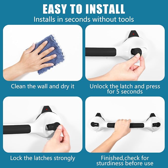 MCDEX Grab Bars for Shower, 2 Pack Shower Handle for Elderly (Black White) | Safety Signal Indicators, Strong Suction Cup, Easy Installation, No Drill, Removable, Anti-Slip, Waterproof