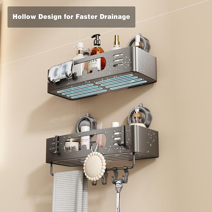 Voldra Shower Caddy Suction Cup, Shower Shelves for Inside Shower No Drilling, Aluminum Suction Showers Organizer for Wall with Towel Bar & Hooks Removable Bathroom Storage Rack(2 Pack-Gray)
