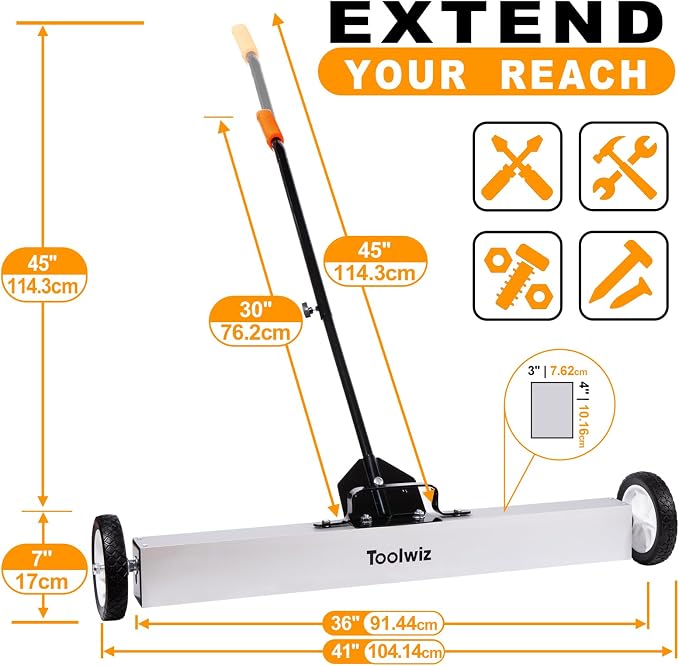 Toolwiz 36'' Magnetic Sweeper with Wheels, 50 Lbs Capacity Rolling Magnetic Floor Sweeper with Telescoping Holder and Quick Release Latch Industrial Heavy Duty Metal Pick Up 36 Inches