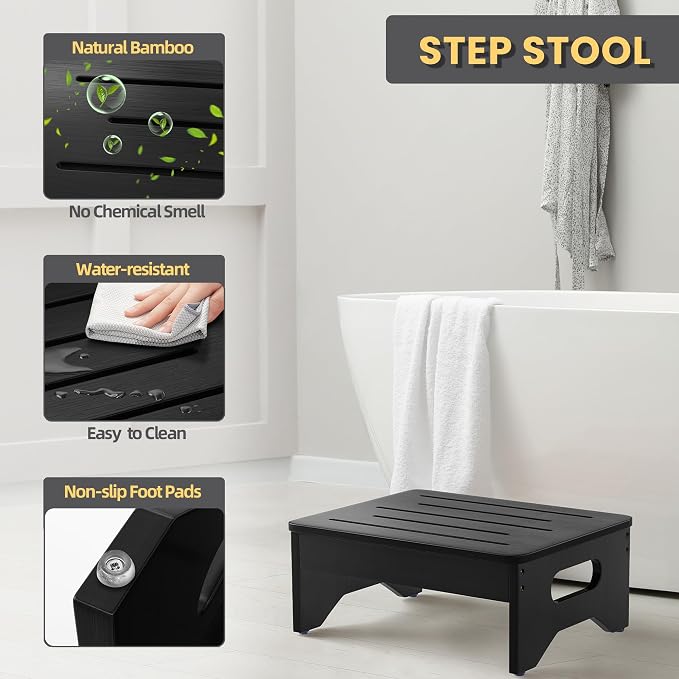 Wooden Step Stool for Adults & Kids, Non-Slip Rubber Feet, 6.5 INCH High, Lightweight Small Step, 450 LBS Capacity, Bed Step Stool for High Bed, Bathroom & Kitchen (Black)