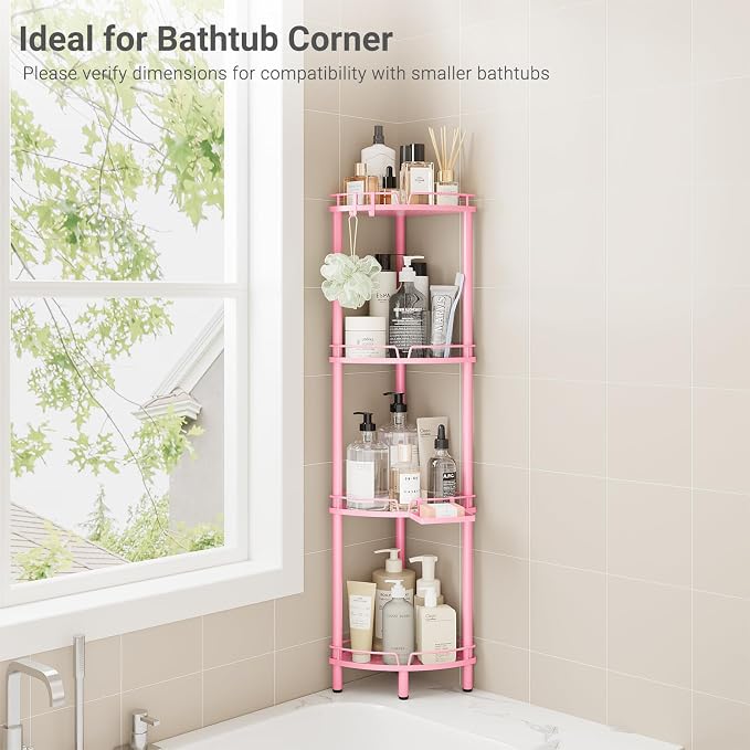 ELYKEN Corner Shower Caddy Standing, 4 Tier Rustproof Metal Shower Organizer with Soap Holder, Floor Shower Corner Shelf Rack Storage Stands with Adjustable Feet & 2 Hooks for Bathroom, Pink