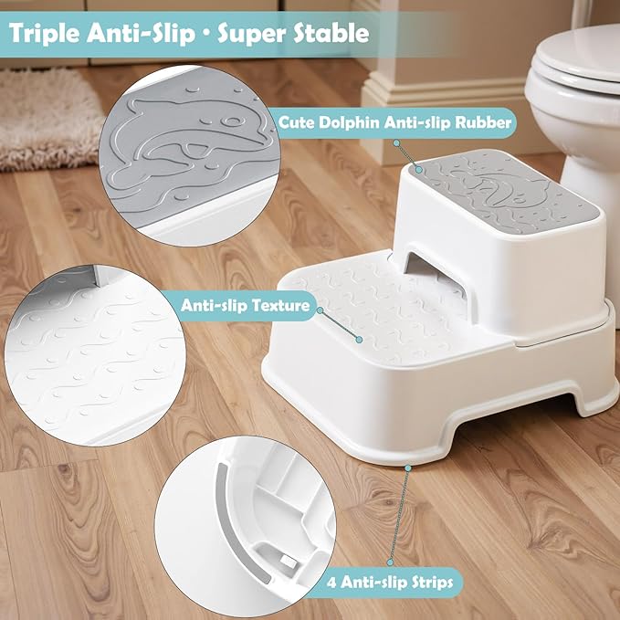 2 Step Toddler Step Stool, Non-Slip Multifunctional Kids Step Stool for Bathroom Sink & Toilet Potty Training,Supports Up to 220 lbs (2 Packs, White)