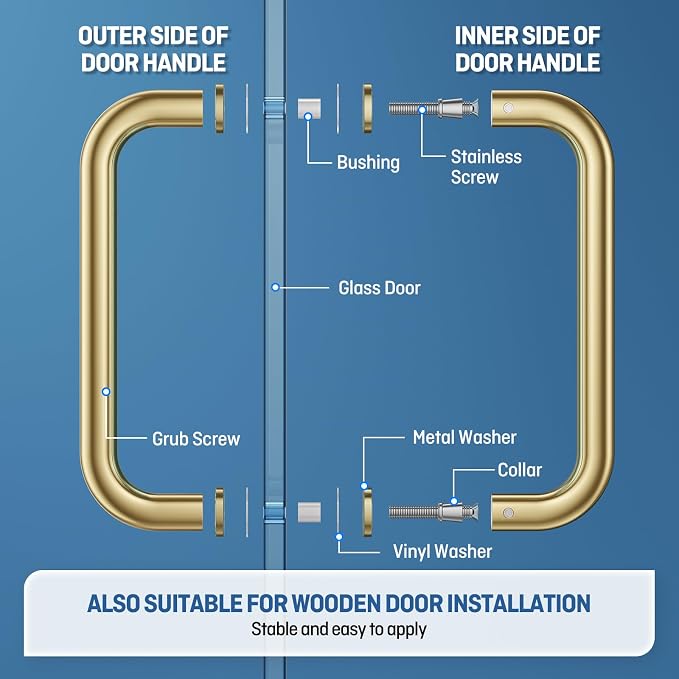 Ranbo Polished Gold 8" CTC Tubular Back-to-Back Shower Door Handle,Heavy-Duty 1.0mm Thick 304 Stainless Steel,for 1/4"- 1/2" Thick Glass and 1-3/8" - 2-1/6" Thick Wooden or Metal Doors