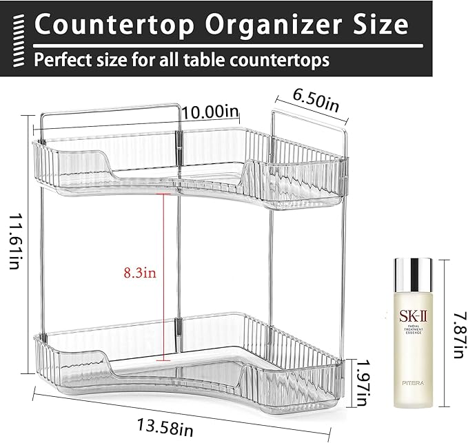 shuang qing 2-Tier Corner Bathroom Counter Organizer – Classic Storage Shelf for Makeup, Perfume & Toiletries, Space-Saving Countertop Tray Fits Bathroom, Dresser, Kitchen (Slate Gray)