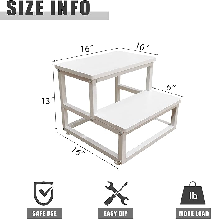 SZLHANJZ Nursery Step Stool, Wooden and Metal Foot Stool for Adult Kid, Steps for High Beds with Round Corners, Small Stepping Stool for Bedroom Kitchen, Load 500 LB, White