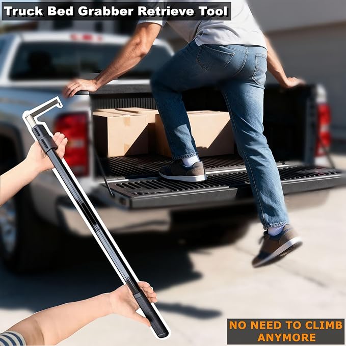 Truck Bed Cargo Grabber Reach Retriever Tool, New Upgraded Extendable Pull Push Pole with Hooks, Used for Pickup Truck, SUV, Trailers, RVs (Aluminum Alloy)