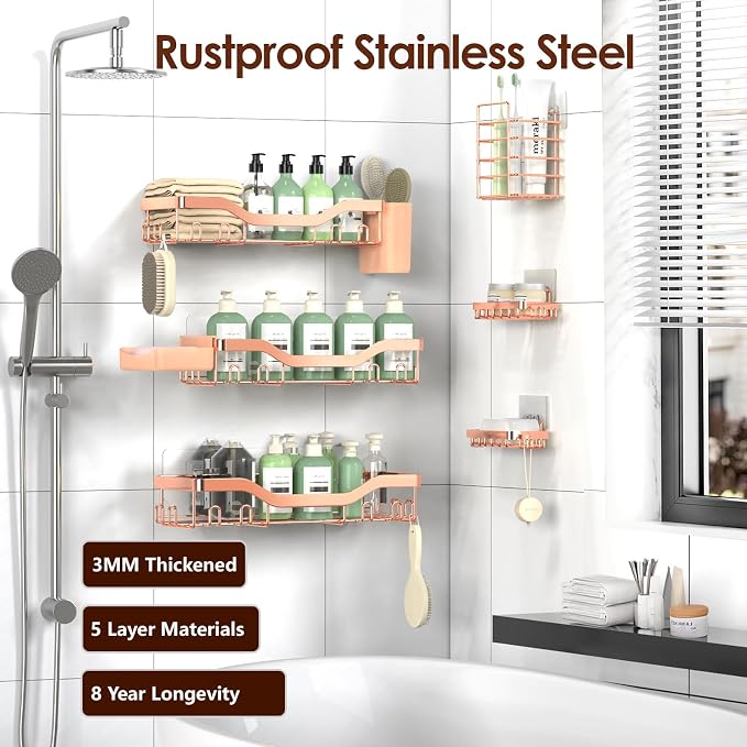 NESOMI Shower Caddy Adhesive Shower Organizer 8-Pack, Rustproof Stainless Steel Bathroom Shelves, Large Capacity No-Drill Rack Storage Accessories with Soap Dish Toothbrush Holder Hooks