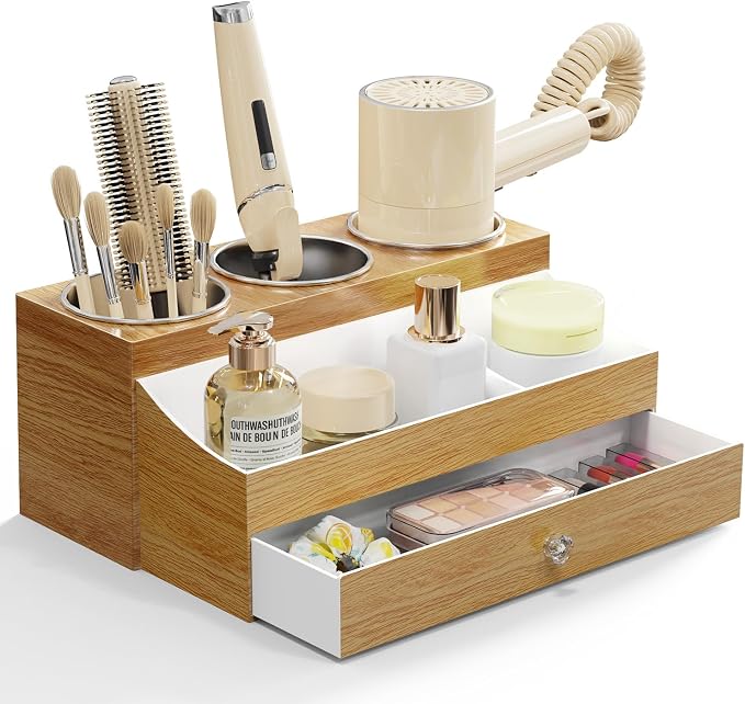 GFWARE Acrylic Hair Dryer Holder with Drawer, Bathroom Organizer Countertop Drawers with 3 Stainless Cups, Makeup Vanity Accessories, Hair Hot Tools Organizer, Toiletry, Wood