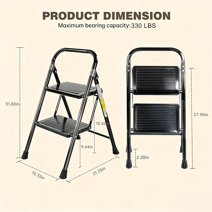 Valeo 2 Step Ladder, Step Stool with Wide Anti-Slip Pedal, 330 lbs Capacity,Step Ladder Folding Step Stool for Adults, Lightweight Steel Portable ladders for Home Kitchen & Office,Black