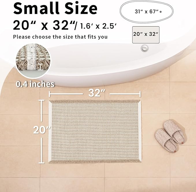 Waffle Bath Mat - Boho Bathroom Rugs Non Slip Washable, Super Absorbent & Quick Dry, Soft Bath Mat Farmhouse Bathroom Decor, 20'' x 32'', Khaki and White
