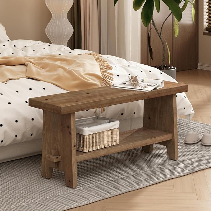 HOKYHOKY Solid Wood Entryway Bench - 39.4" Farmhouse Long Storage Bench, Rustic Narrow Bench Seat for Indoor, Entryway, Dining Room, Living Room and Hallway, Brown