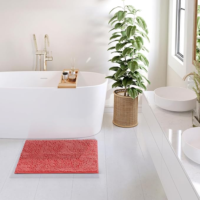Hearth & Harbor Bathroom Rugs, Chenille Bath Mat - Machine Washable Bath Mats for Bathroom Non-Slip Backing Rubber, Quick Dry Bathroom Mat - Rose Bath Rug, 17x24