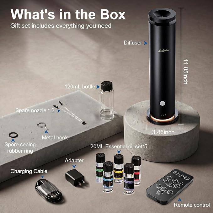 Waterless Scent Diffuser Starter Kit with 5 Essential Oils, Luxury Hotel-Class 1500 Sq Ft Cover Aromatherapy Diffuser Oil Machine, 6 Mist 4.06Oz Air Diffusers for Home Large Room Hotel SPA