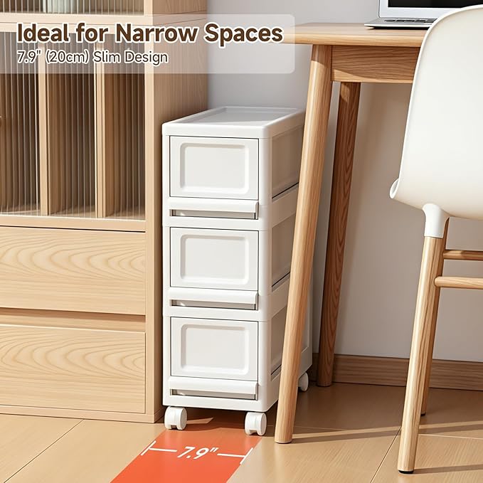 Narrow Plastic Storage Drawers: 3 Drawer Storage Organizer with Wheels, Narrow Storage Cabinet, Rolling Storage Cart for Narrow Space, 7.87-inch Wide (All-White)
