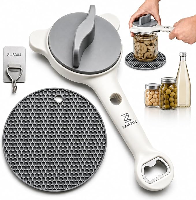 Jar Opener for Seniors with Arthritis, Easy Grip Adjustable Lid & Bottle Opener Set with Non-Slip Silicone Pad & Stainless Steel Hook, Grey