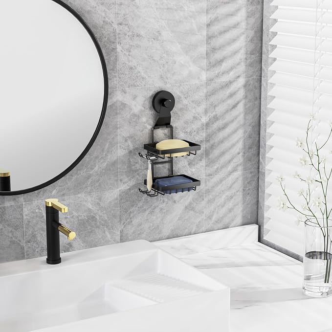 Moforoco Soap Bar Holder for Shower, No Drilling, 304 Stainless Steel, Wall Mounted Soap Holder with 4 Hooks and Razor Holder, Shower Rack Soap Tray Bar Soap for Bathroom (Black, 2-T Suction Cup)